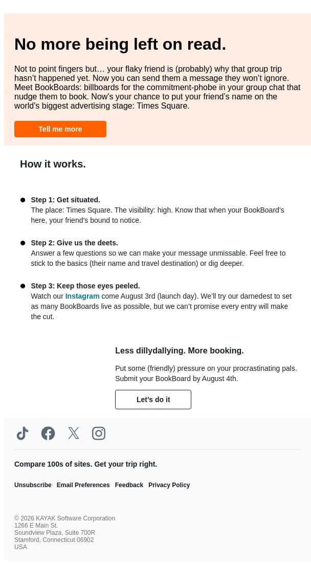 We figured out how to make flaky friends book trips. 🤔 email from Kayak screenshot