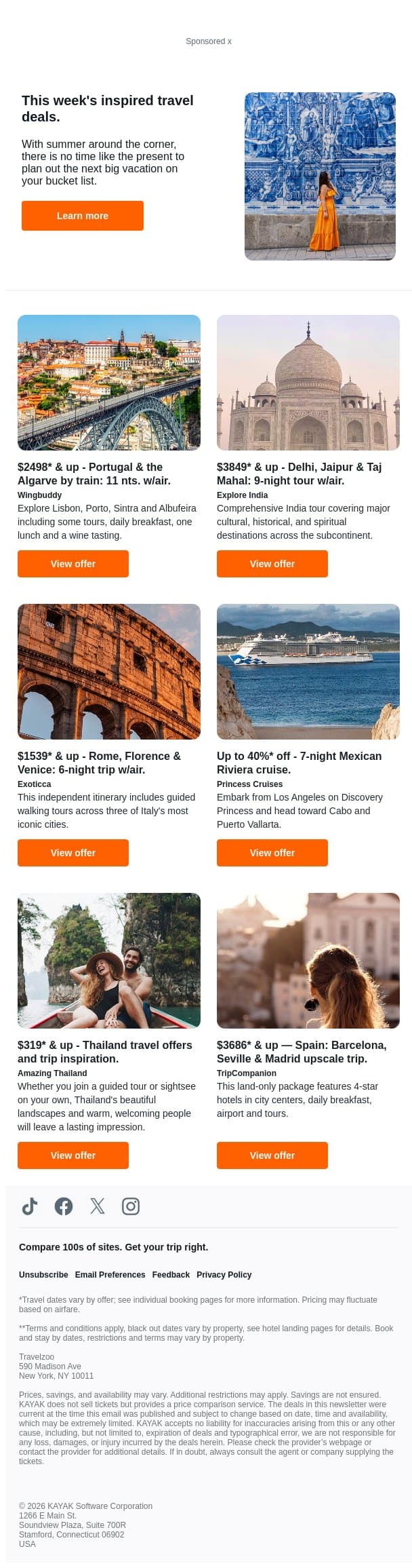 $2498* & up, Portugal & Algarve: 11 nights by train w/air | $3849* & up, India: 9-tour incl. Taj Mahal w/air. email from Kayak screenshot