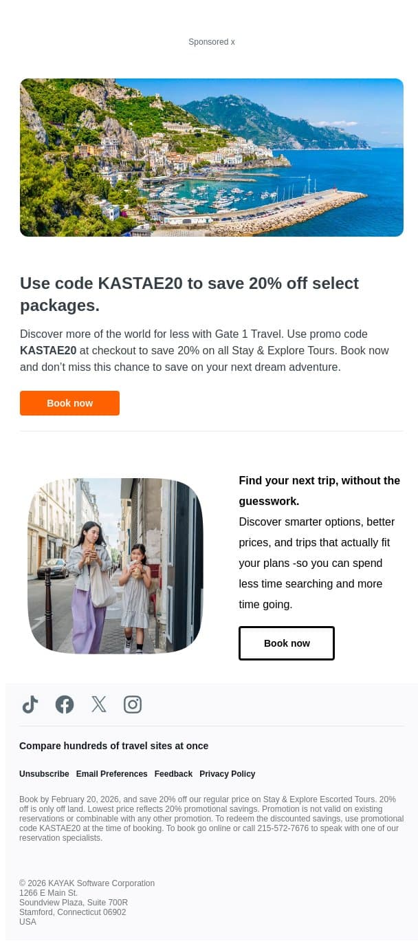20% off Stay & Explore tours with Gate 1 Travel. email from Kayak screenshot