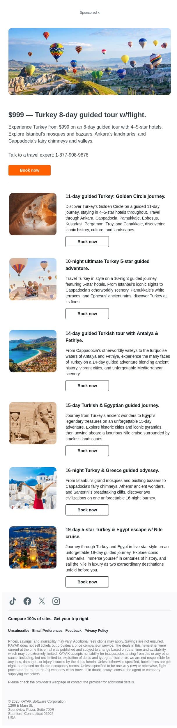 $999 — Turkey 8-day guided tour w/flight. email from Kayak screenshot