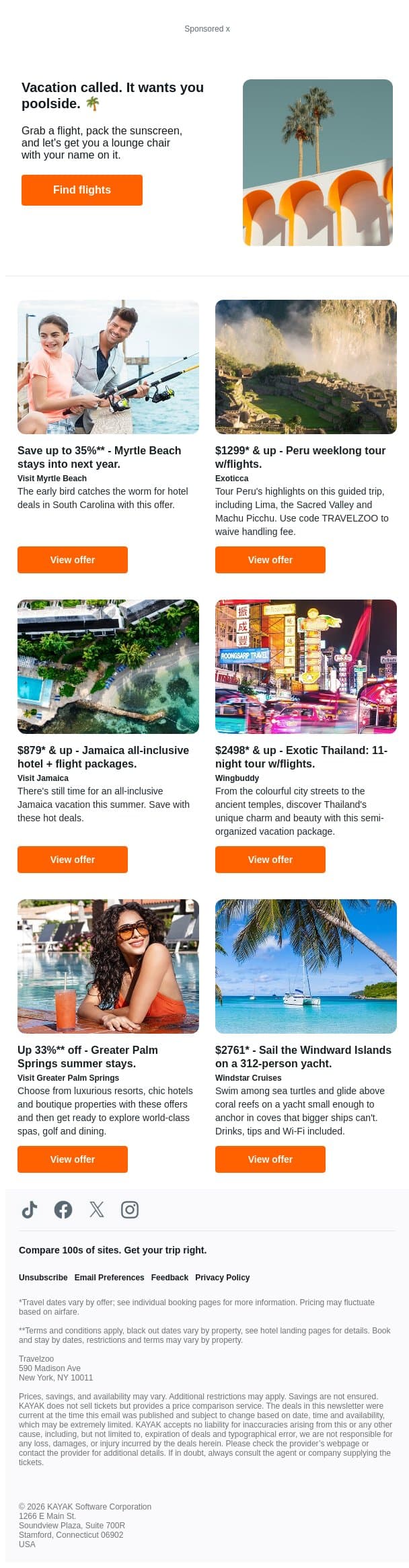 Save up to 35% on Myrtle Beach, North Carolina stays | $1299 & up, Peru: 7-night tour w/flights. email from Kayak screenshot