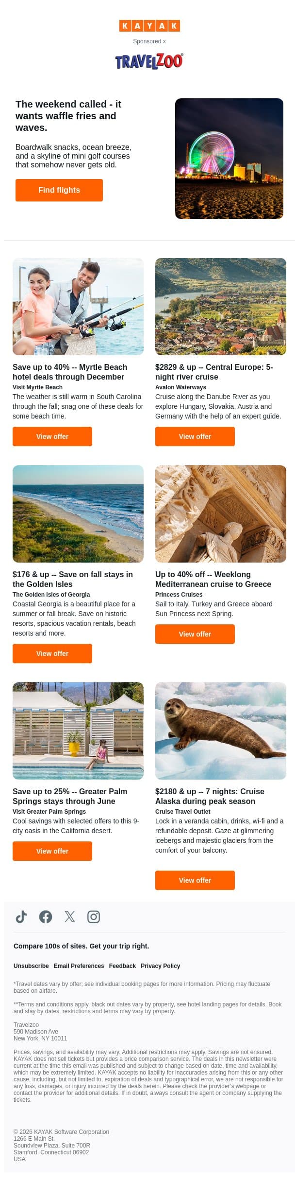 Savings on destinations across the continental US | $2829 & up, 5-night Central Europe cruise and more… email from Kayak screenshot