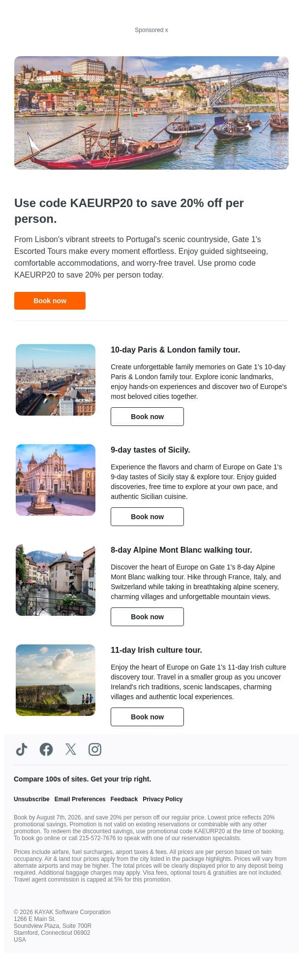 Save on a European Tour with Gate 1 Travel. email from Kayak screenshot