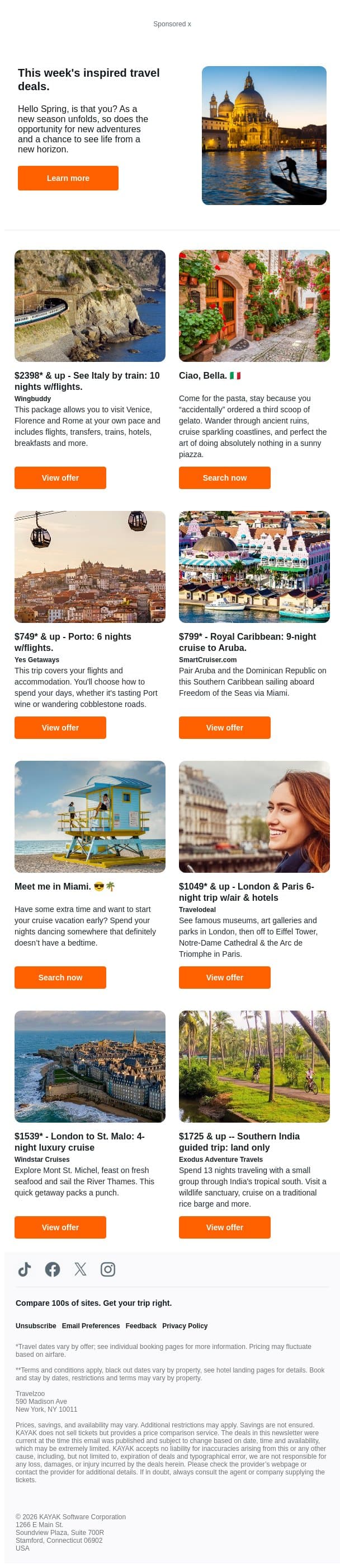 $2398 & up, Italy by Train: 10 nights + air | $749 & up Porto: 6 nights + air | $799 & up Royal Caribbean cruise to Aruba email from Kayak screenshot