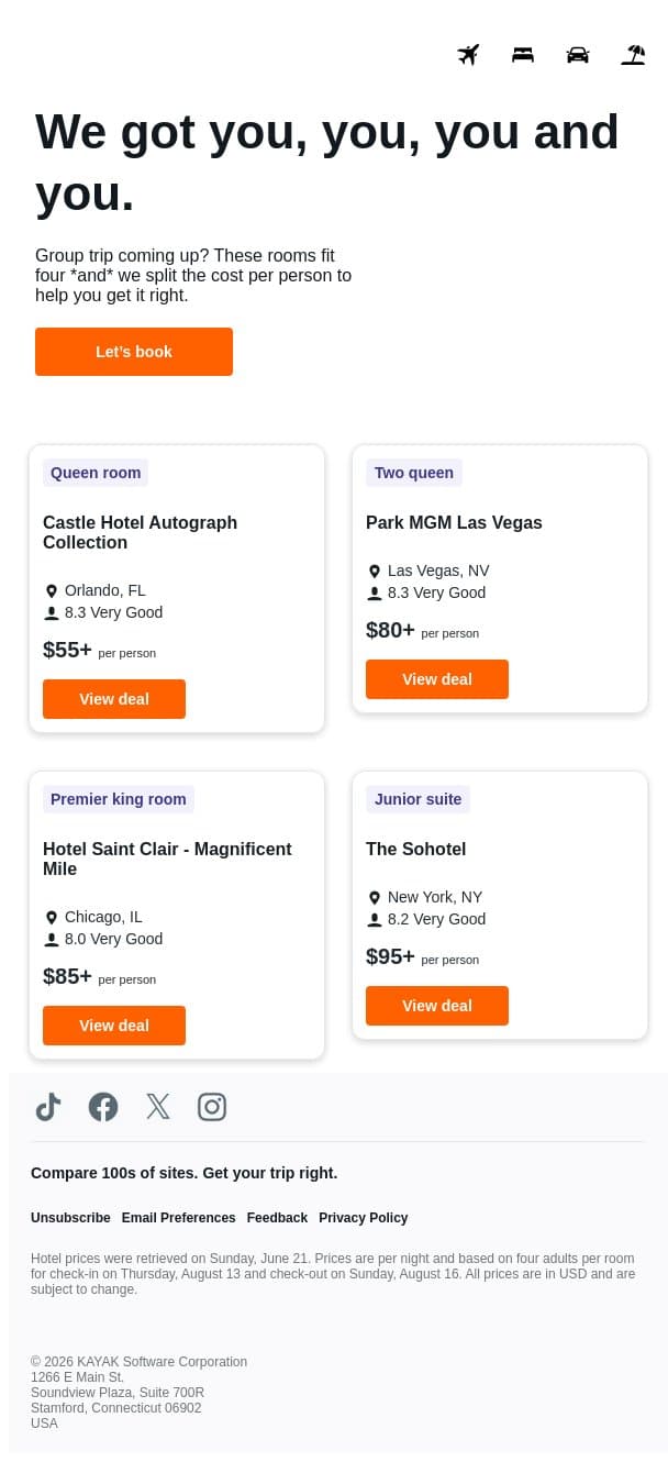 Hotels for the whole crew. 🧑‍🧑‍🧒‍🧒 email from Kayak screenshot
