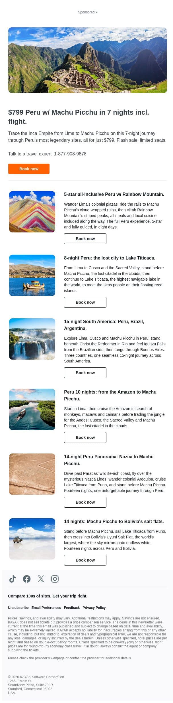 $799 Peru w/ Machu Picchu in 7 nights incl. flight. email from Kayak screenshot
