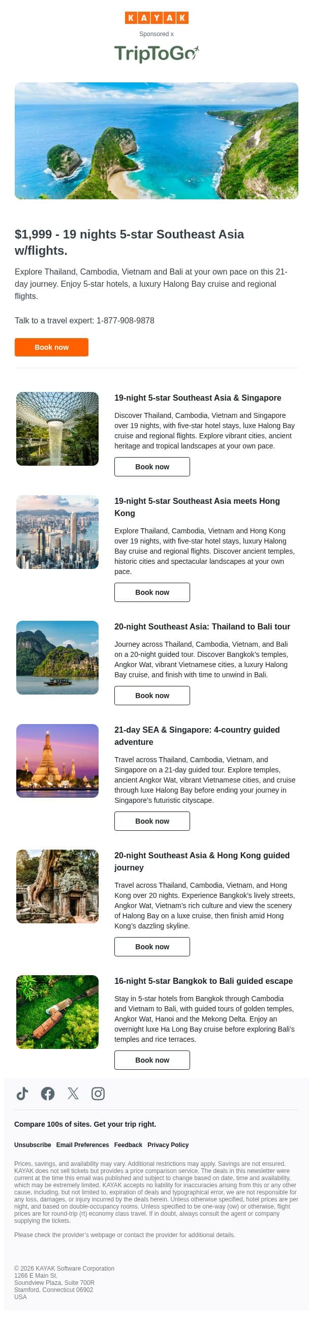 $1,999 - 19 nights 5-star Southeast Asia w/flights. email from Kayak screenshot