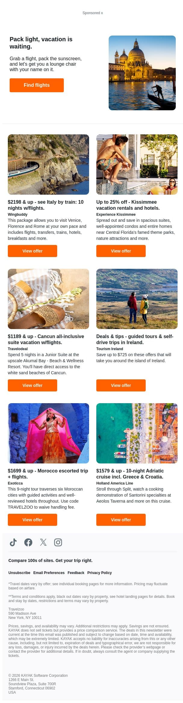 $2198 & up, Italy by train: 10 nights + flights | Save up to 25% on Kissimmee, FL vacation rentals & hotels email from Kayak screenshot