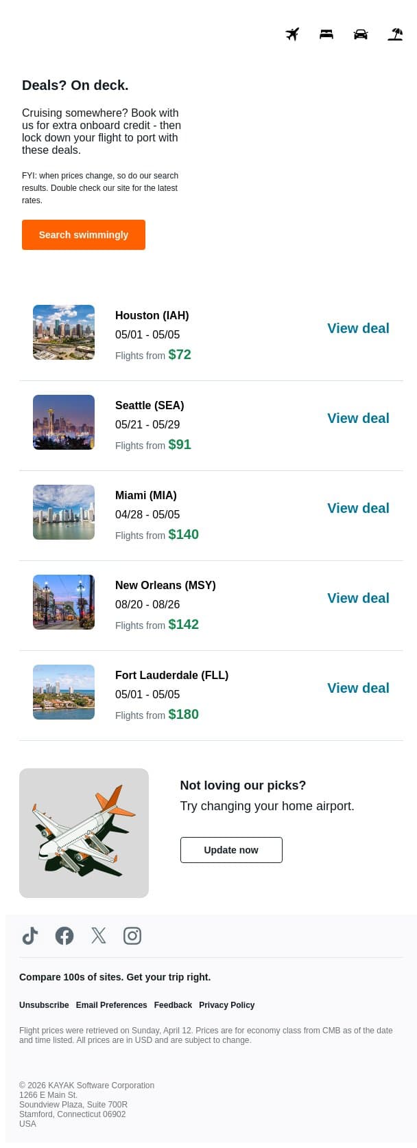Port city steals. 🛳️ email from Kayak screenshot