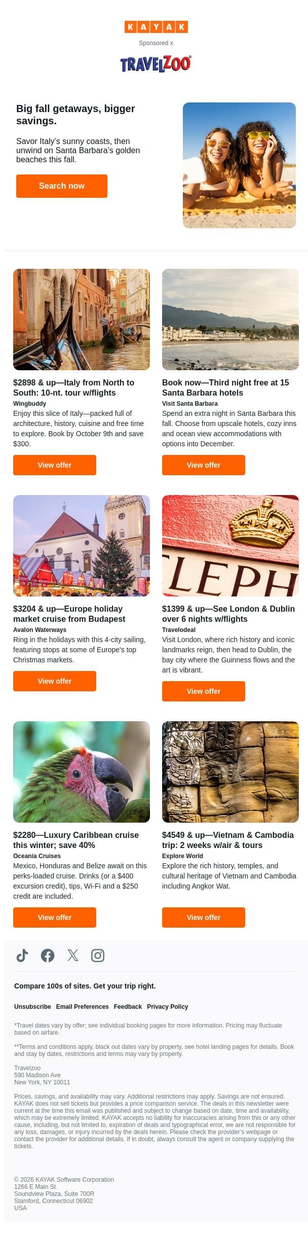 Save $300: Tour Italy north to south 10 nights w/air | Third night free this fall in select Santa Babara hotels. email from Kayak screenshot