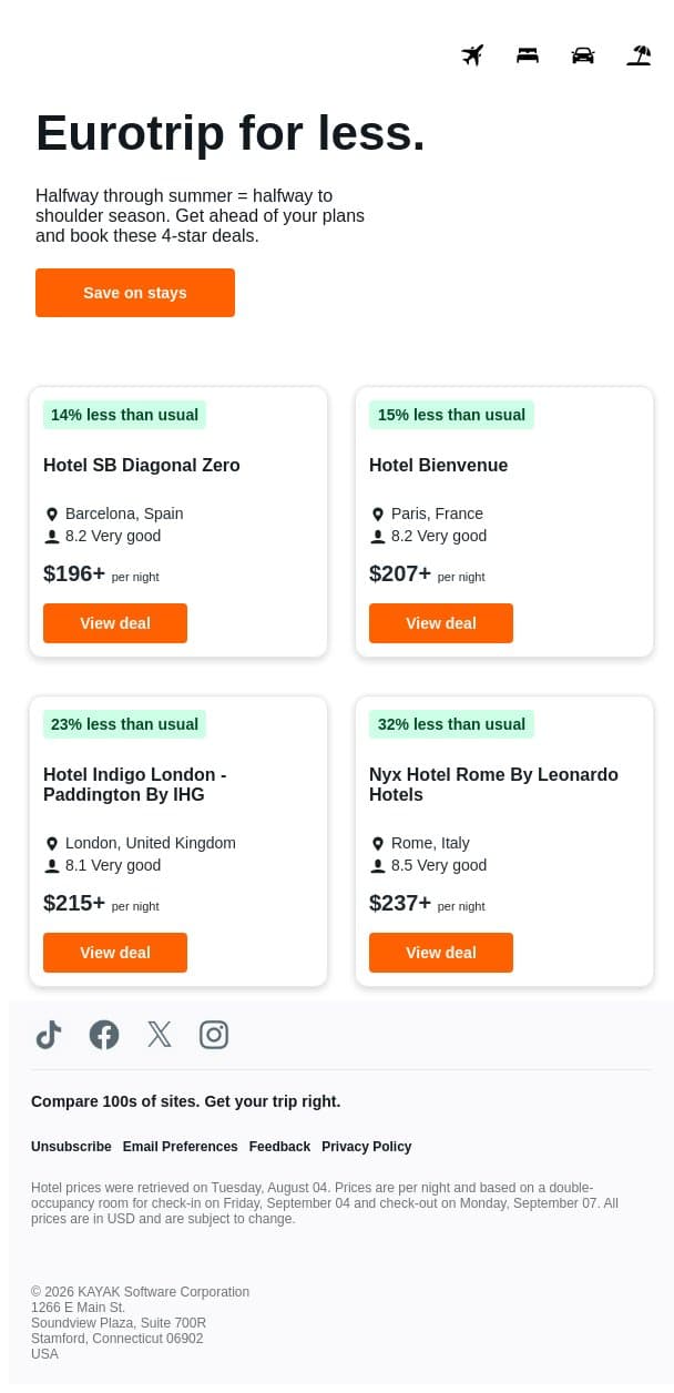 Shoulder season stays. Up to 32% cheaper. email from Kayak screenshot