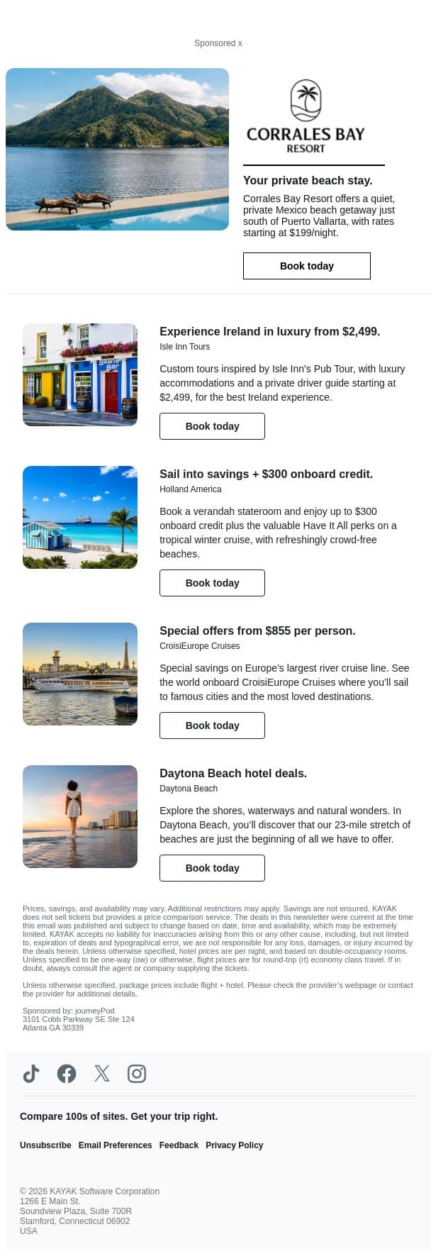 Explore trips to Ireland, Europe, Florida and beyond. email from Kayak screenshot