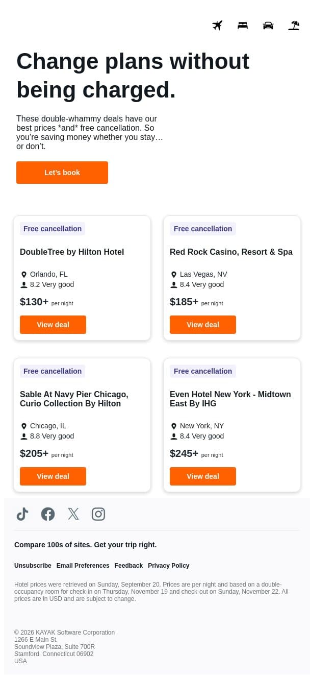 Pay under $250/night. Cancel for free. 🛏️ email from Kayak screenshot