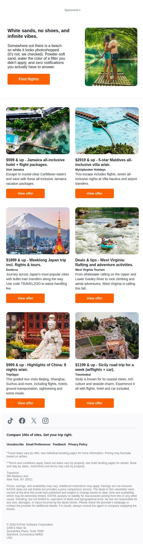 $599 & up, Jamaica all-inclusive travel packages w/flights | $2919 & up, 5-star all-inclusive Maldives trip w/air \ $1899 & up, Japan: 7-night trip incl. air & tours email from Kayak screenshot