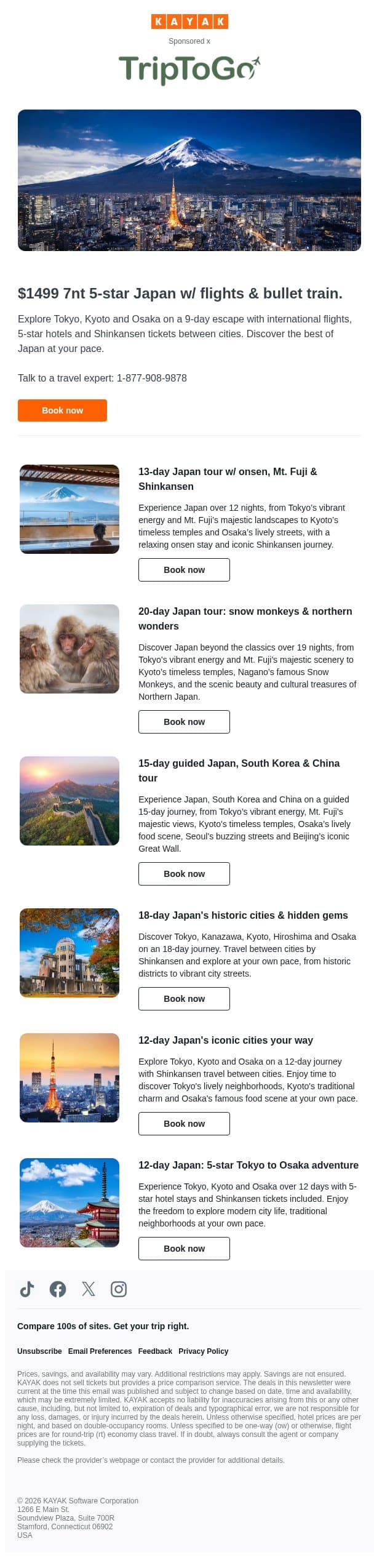 $1499 7nt 5-star Japan w/ flights & bullet train. email from Kayak screenshot