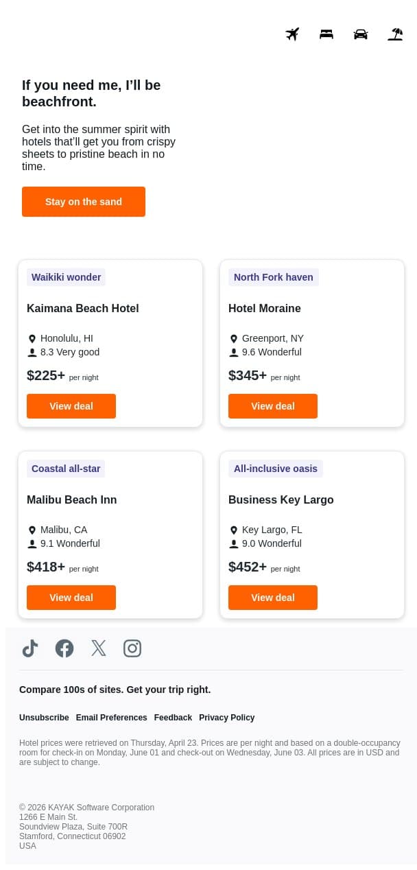 These hotels are a shore thing. 🏖️ email from Kayak screenshot