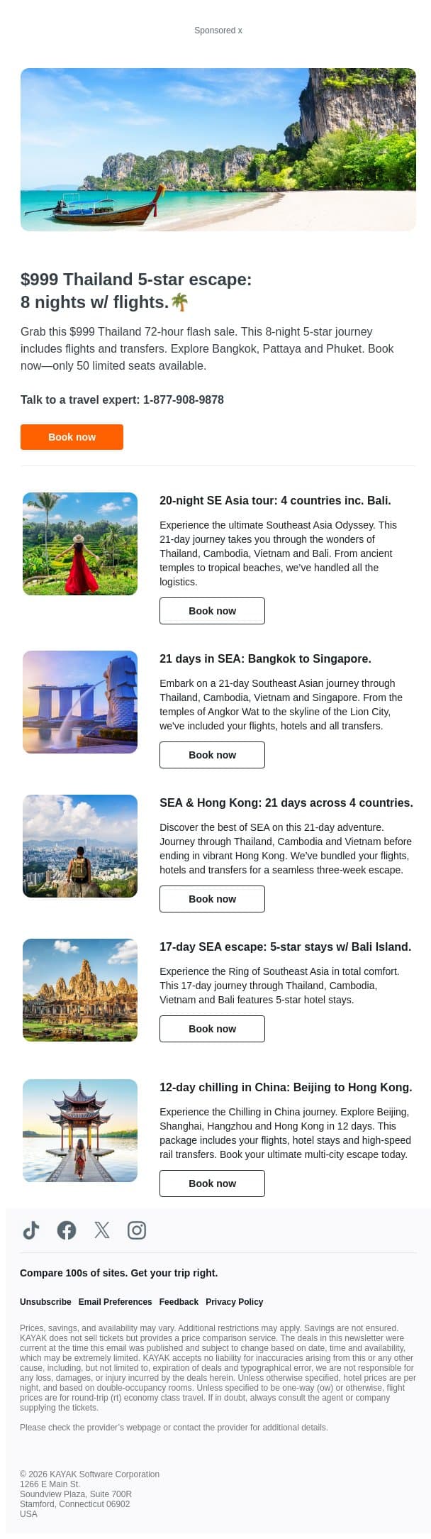 $999 Thailand 5-Star Escape: 8 Nights w/ Phuket🌴. email from Kayak screenshot