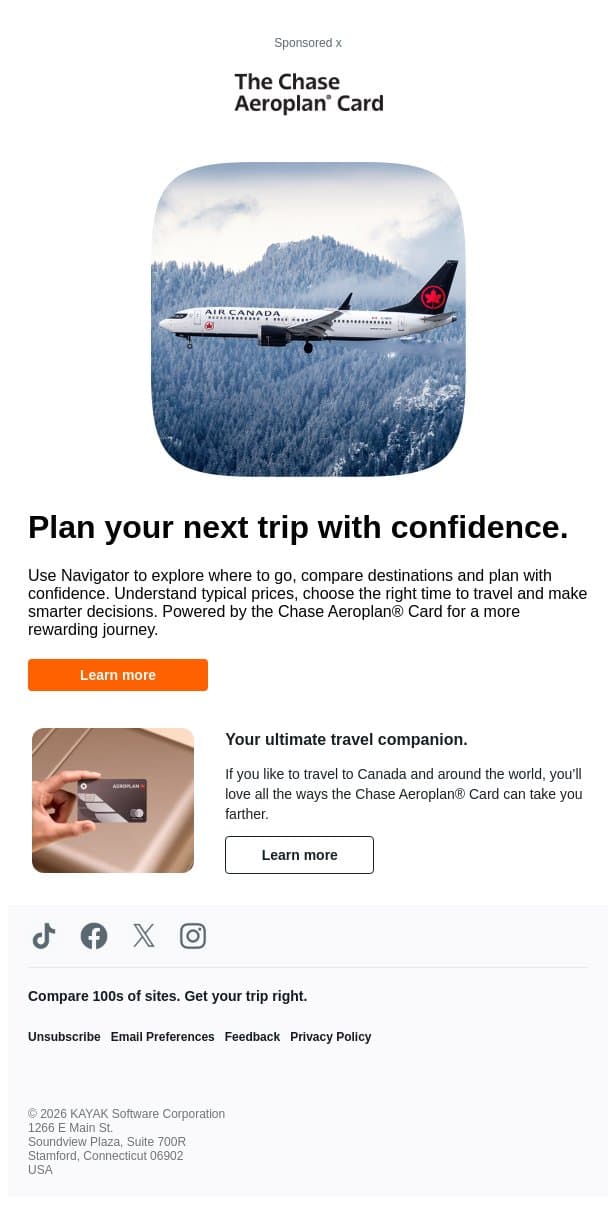 Travel farther with the Chase Aeroplan® Card. email from Kayak screenshot