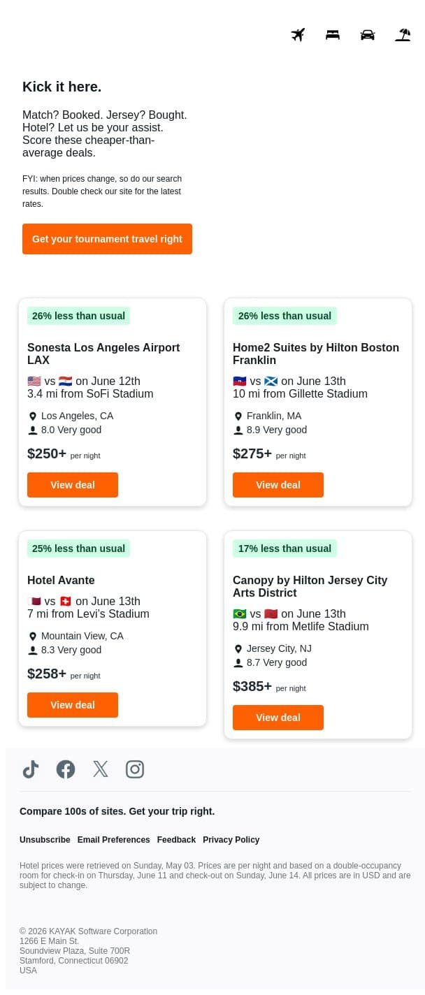 Stays near the stadiums. Up to 26% less. ⚽️ email from Kayak screenshot