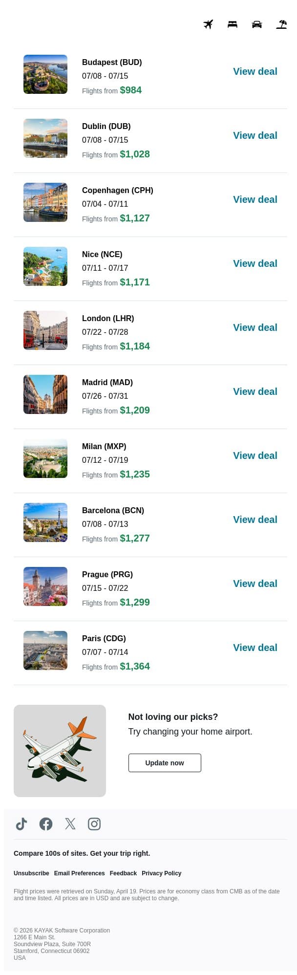 Nonstop summer deals. 🔥 email from Kayak screenshot
