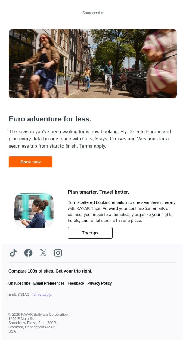 Limited-time: book your euro summer. email from Kayak screenshot