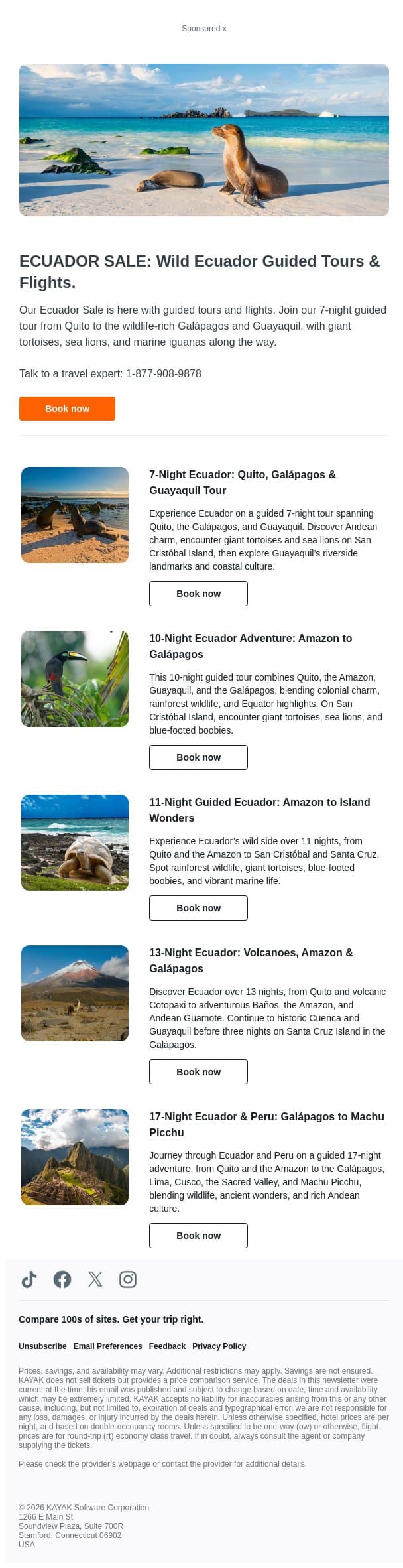ECUADOR SALE: Wild Ecuador Guided Tours & Flights. email from Kayak screenshot