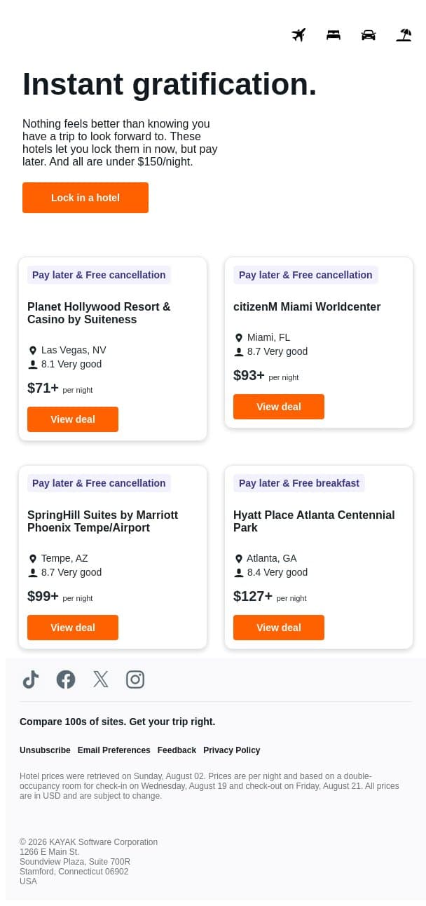 Get the hotel for under $150 now. Pay for it later. email from Kayak screenshot