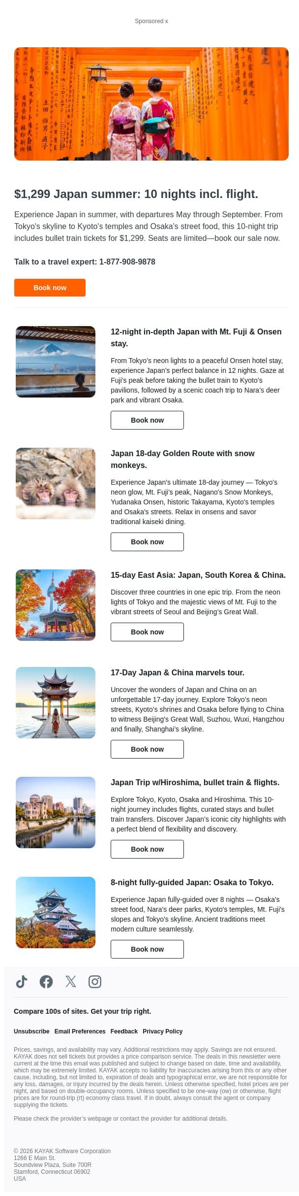 $1,299 Japan summer: 10 nights incl. flight. email from Kayak screenshot