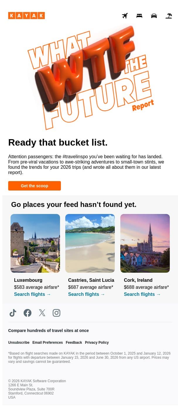 Meet the trends inspiring your next trip. email from Kayak screenshot