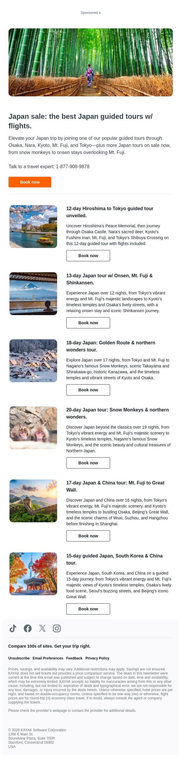 Japan sale: the best Japan guided tours w/ flights. email from Kayak screenshot