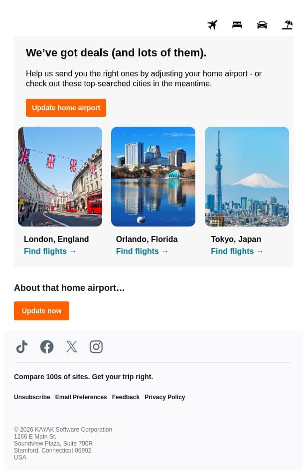Wild rides. Tame prices. 🎢 email from Kayak screenshot