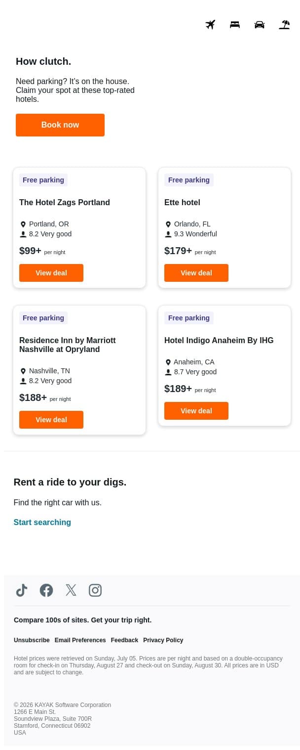 Stay for <$200. Park for free. email from Kayak screenshot