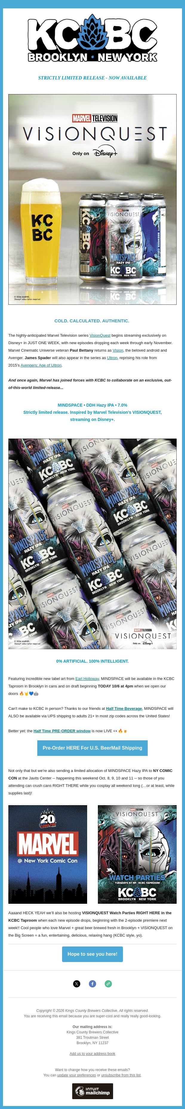 KCBC x Marvel Television - MINDSPACE Hazy IPA - Now Available email from KCBC screenshot