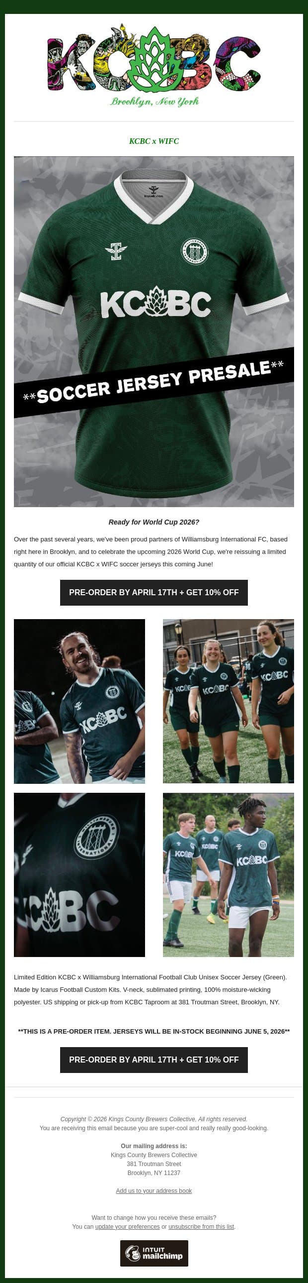 KCBC x WIFC Soccer Jersey Presale email from KCBC screenshot
