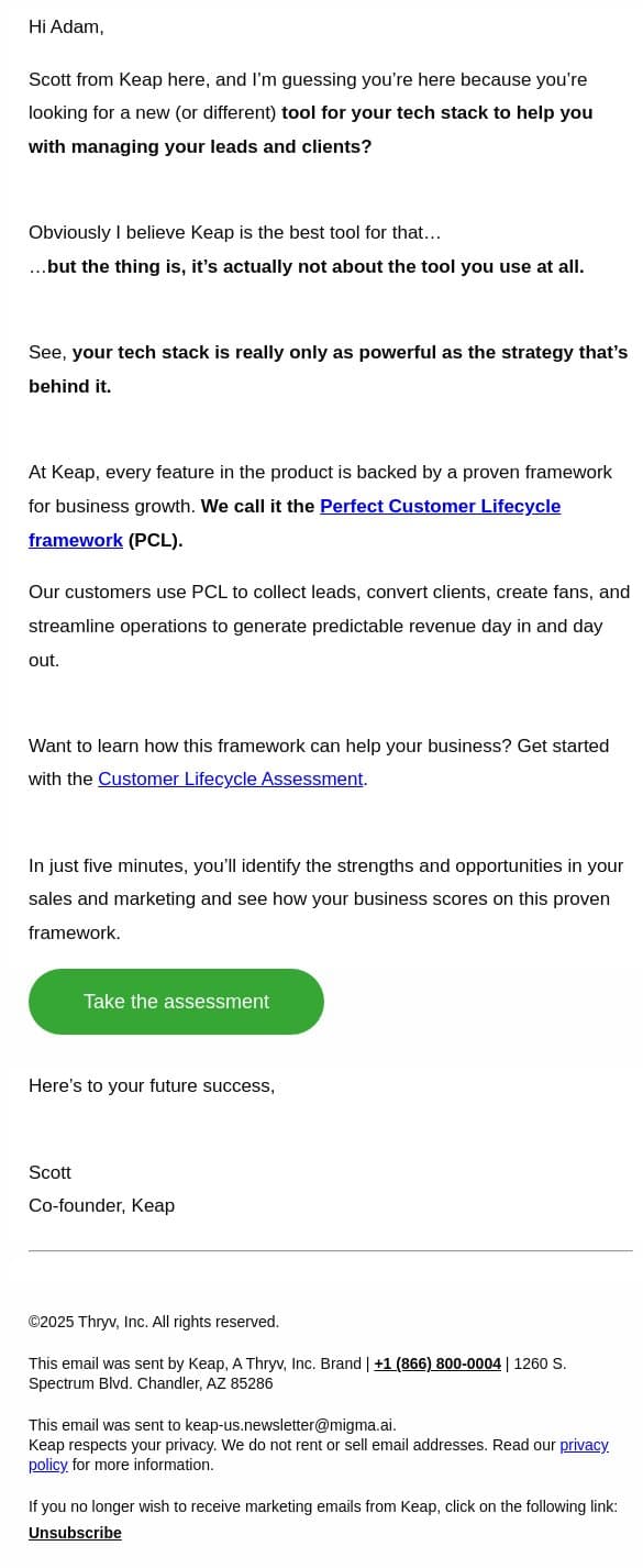 Your tech won’t work without strategy email from Keap screenshot