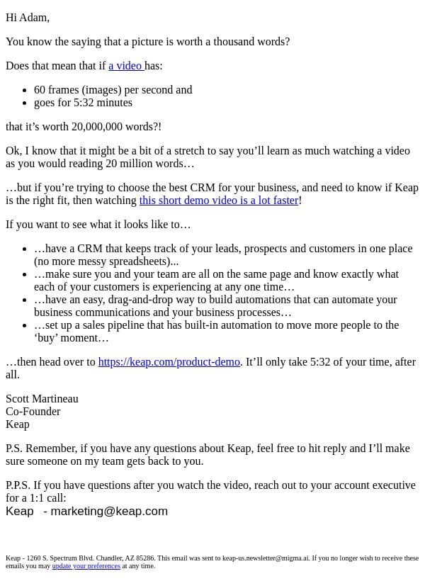 20 million words or 5 minutes to learn this? email from Keap screenshot