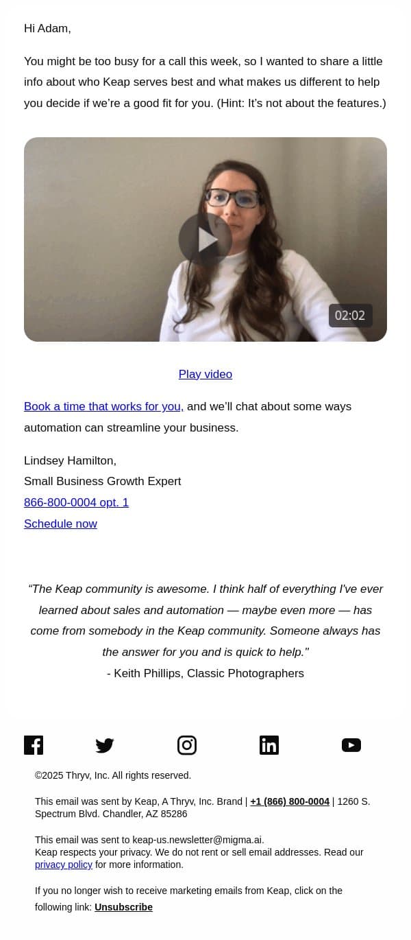 Keap isn’t for everyone email from Keap screenshot