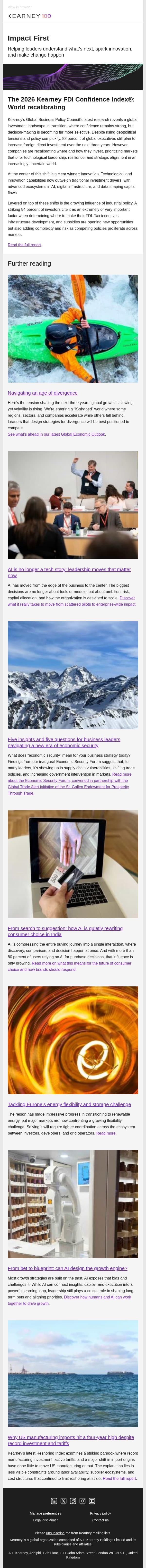 Where leaders are placing bets in a recalibrating world email from Kearney screenshot