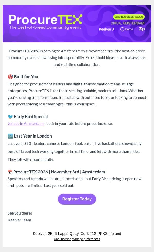 ProcureTEX is back - Early Bird tickets now available 📅 email from Keelvar screenshot