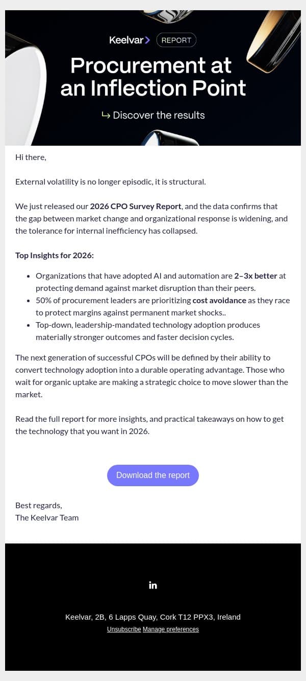 New Research: Procurement at an Inflection Point in 2026 email from Keelvar screenshot