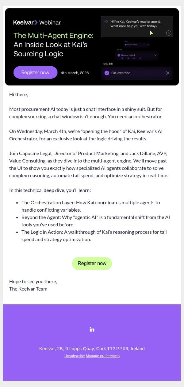 You’re Invited: An exclusive walkthrough of Keelvar’s agentic AI email from Keelvar screenshot