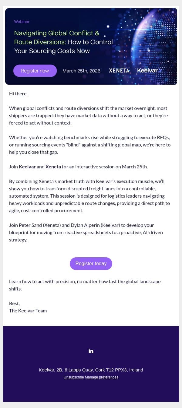 Navigating Global Conflict & Route Diversions: How to Control Your Sourcing Costs Now email from Keelvar screenshot