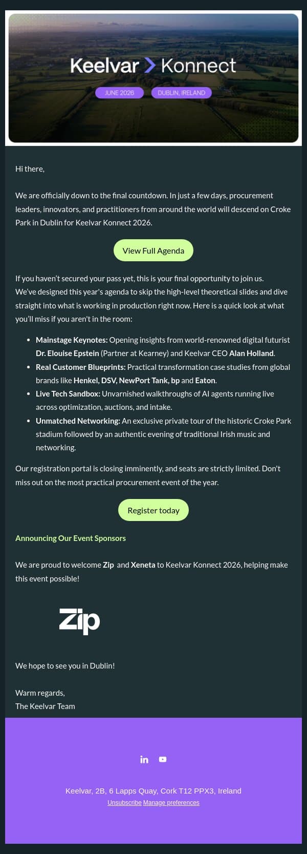 Last call for Dublin 🇮🇪 email from Keelvar screenshot