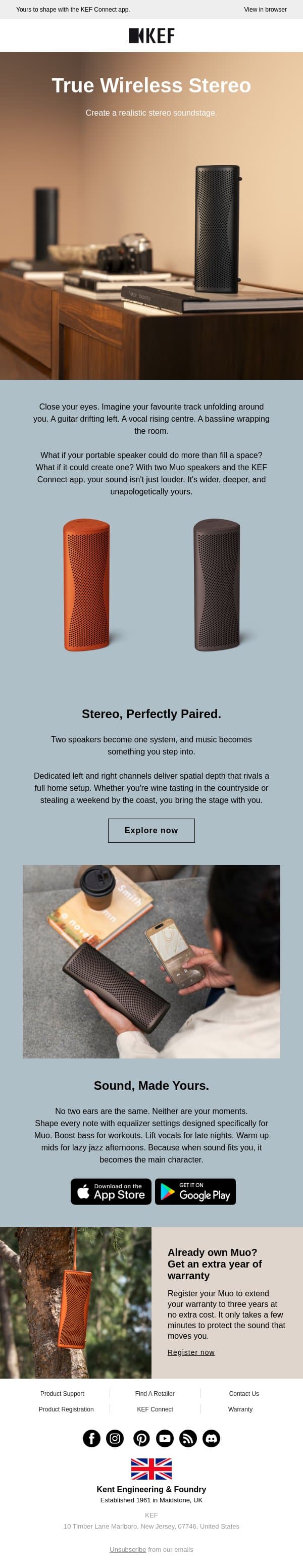 Two Muo speakers. One immersive stage. email from KEF screenshot