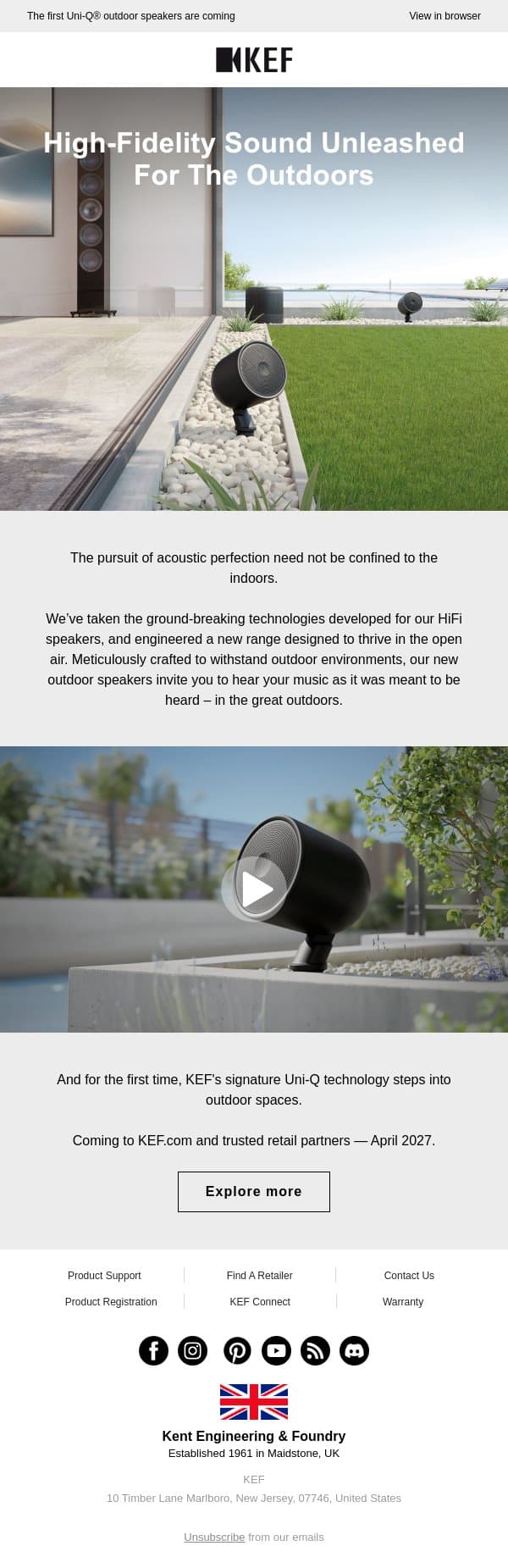 High-Fidelity Sound Unleashed For The Outdoors — Coming soon. email from KEF screenshot