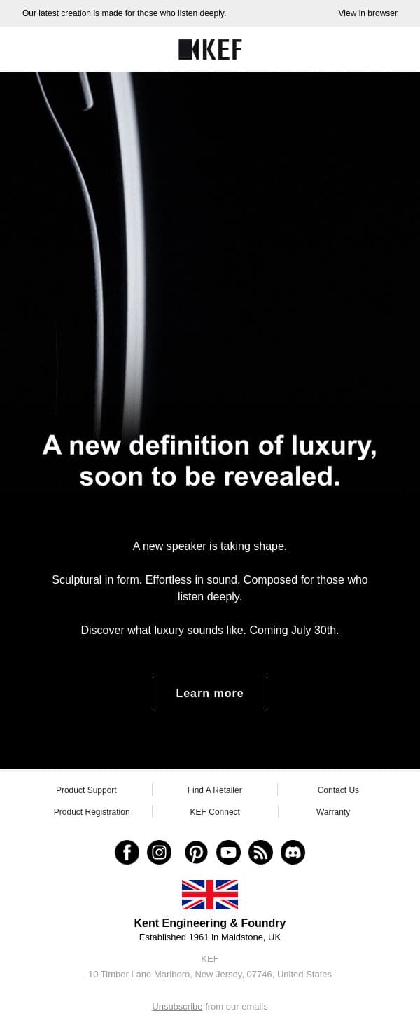 A new definition of luxury, soon to be revealed. email from KEF screenshot