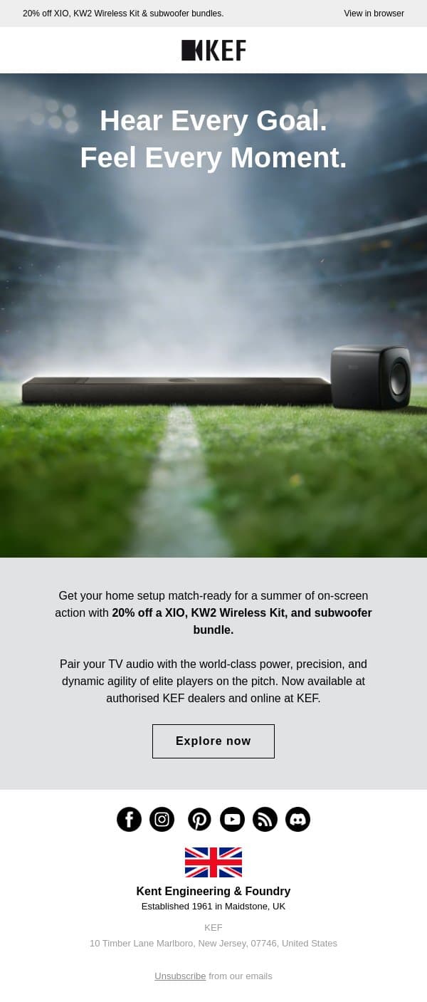 Hear Every Goal. Feel Every Moment. email from KEF screenshot