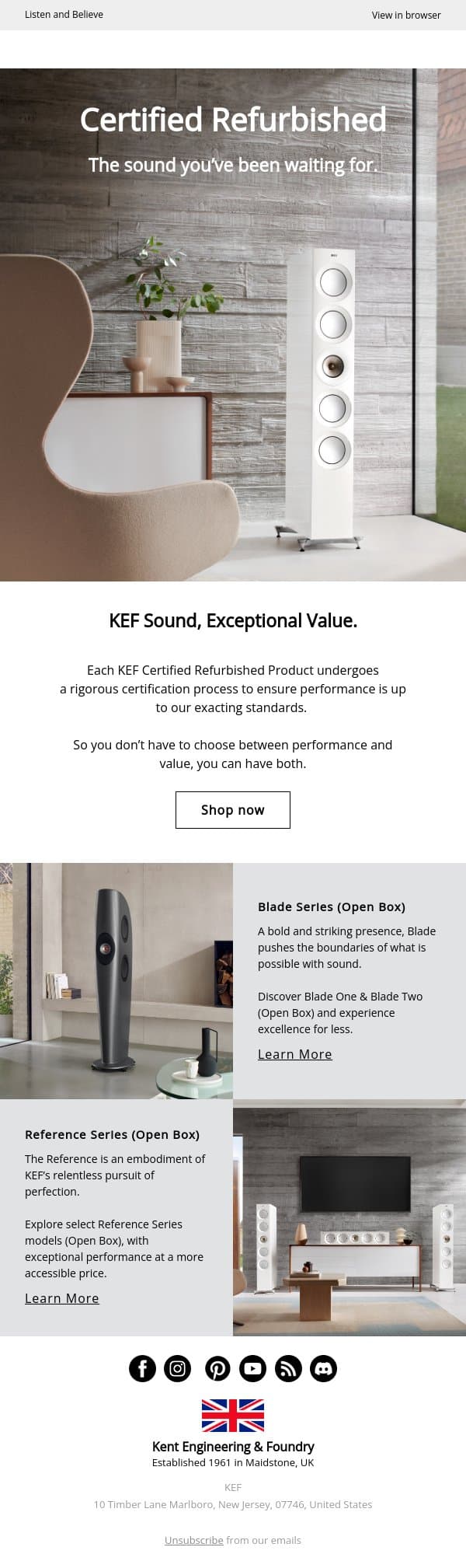 Certified KEF Performance, Exceptional Value. email from KEF screenshot