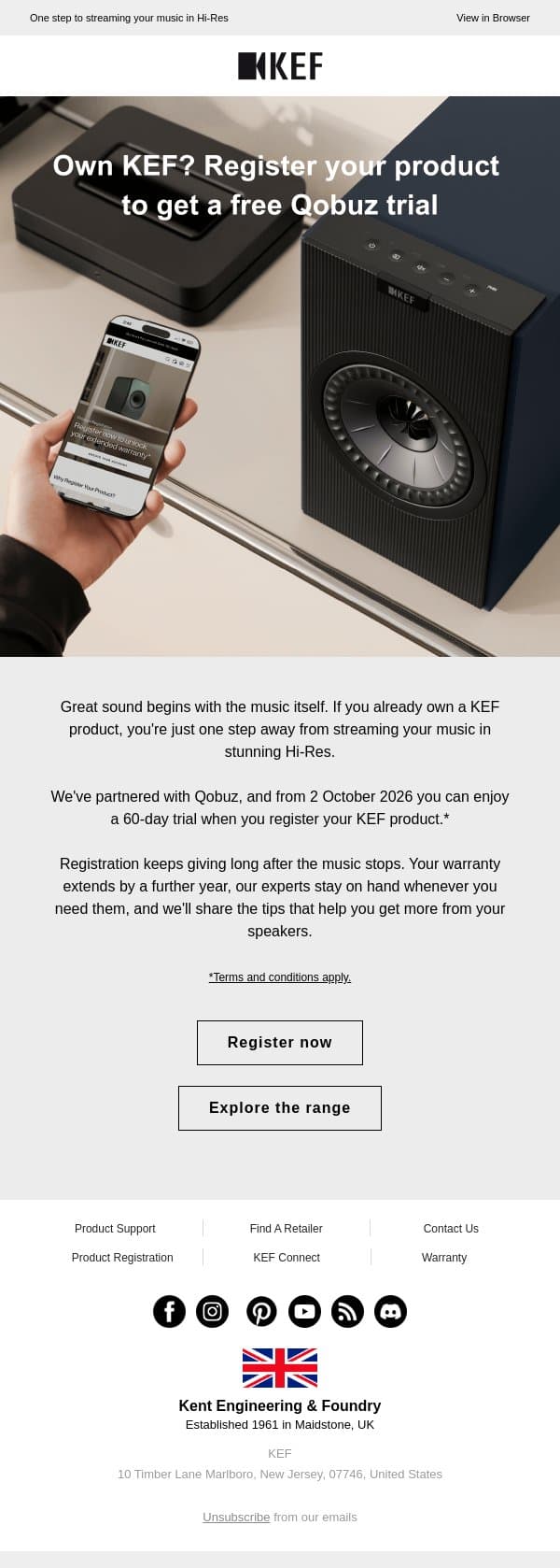 Enjoy a 60-day Qobuz trial. email from KEF screenshot