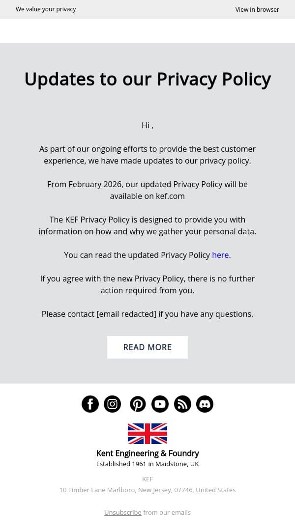Updates to our Privacy Policy email from KEF screenshot
